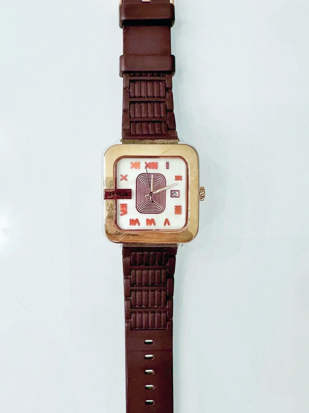 TOUS Rose Gold-Tone Square Watch with Brown Strap and Pink Box